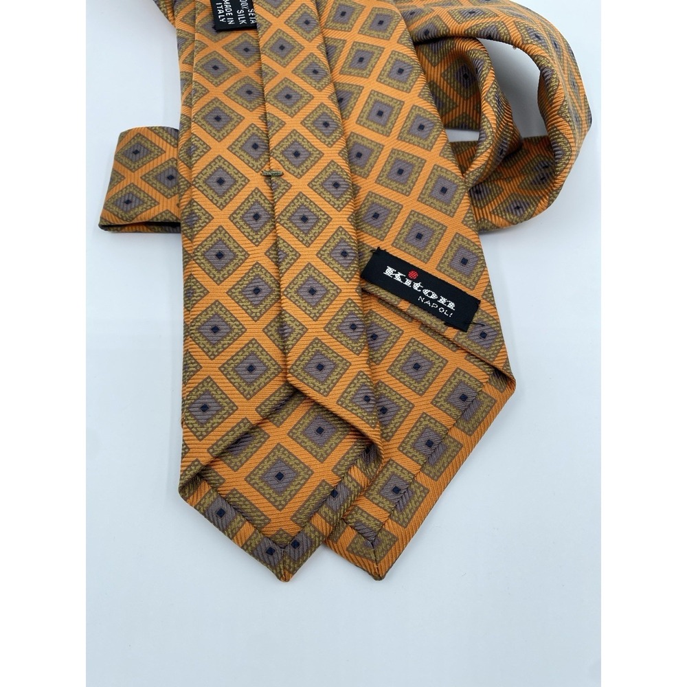 Kiton Napoli 7-Fold Silk Tie Handmade Geometric Diamond Pattern Luxury Italy